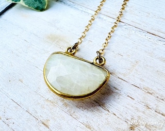 White Moonstone Half Moon Gold Vermeil Bezel Pendant Necklace, 14K Gold Filled Chain, Moonstone Bezel Necklace, Everyday Necklace