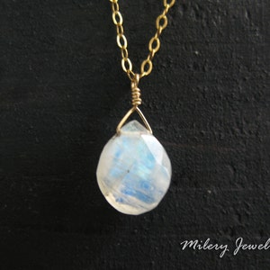 Moonstone Teardrop Gemstone Pendant Necklace, 14K Gold Filled, Delicate, Dainty Jewelry, Layering, Petite Moonstone, Rainbow Moonstone image 2