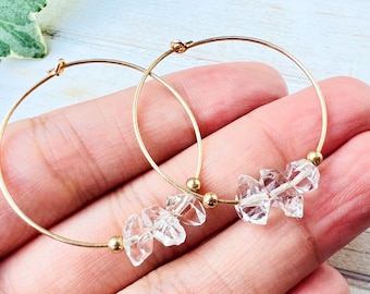 Herkimer Diamond Gold Hoop Earrings, 14K Gold Filled, Delicate Raw Crystal Necklace, OOAK Jewelry, Herkimer Diamond, Diamond earrings