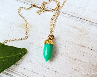 Green Chrysoprase Petite Gold Vermeil Point Pendant, 14k Gold Filled Necklace, Layering Necklace, Dainty Necklace,  Minimalist Necklace