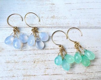 Petite Chalcedony Cluster Dangle Earrings, 14k Gold filled, Birthstone, Chalcedony Earrings, OOAK Jewelry, Delicate Earrings, Gift for her