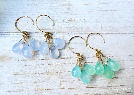 Chalcedony and Dark Blue Glass Dangle Earrings 14k Gold-plated Silver Chalcedony and Dark Blue Glass Dangle Earrings 14k Gold-plated Silver