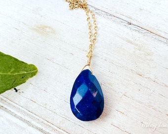 Collier avec pendentif en forme de goutte de lapis lazuli, or 14 carats rempli, pierre de naissance de septembre, bijoux délicats et délicats, superposition, bijoux en saphir