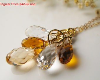 SALE Multi Quartz, Topaz, Swarovski, Cluster Charm Pendant Necklace,14k Gold Filled, Cluster Necklace, Smoke Topaz, Citrine Topaz