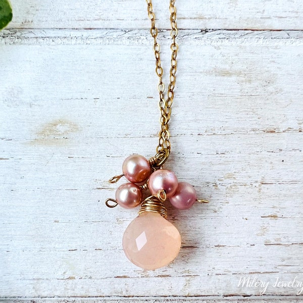 Pink Chalcedony, Freshwater Pearl, Cluster Pendant Necklace, 14K Gold Filled, October Birhstone, Cluster Charm, Layering, Everyday Jewelry