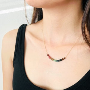 Multi Color Tourmaline Rondelle Gemstone, 14k Gold Filled Necklace, Tourmaline Bar Necklace, Layering Jewelry, Everyday Jewelry, Delicate