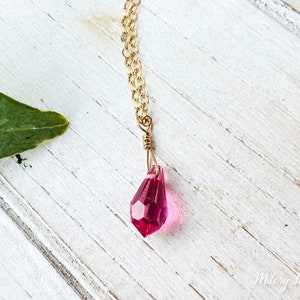 Petite Swarovski Fushia Pink Teardrop Crystal Pendant Necklace,14k Gold Filled, Birthstone, Dainty, Delicate Necklace, Layering, Everyday