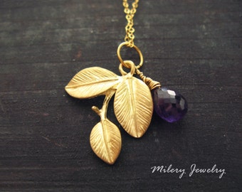 Gold Leaf Charm, Amethyst Pendant Necklace, 14k Gold Filled, February Birthstone, Personalized Jewelry, Everyday Jewelry, Layering Jewelry