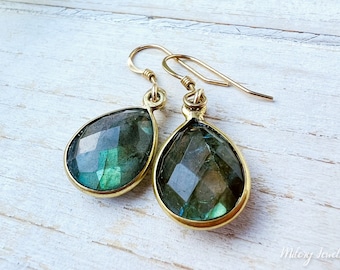 Labradorite Dangle Bezel Gold Earrings, 14K Gold Filled, Labradorite Bezel Earrings, Dainty Earrings, Gold Vermeil, Bridal Gift