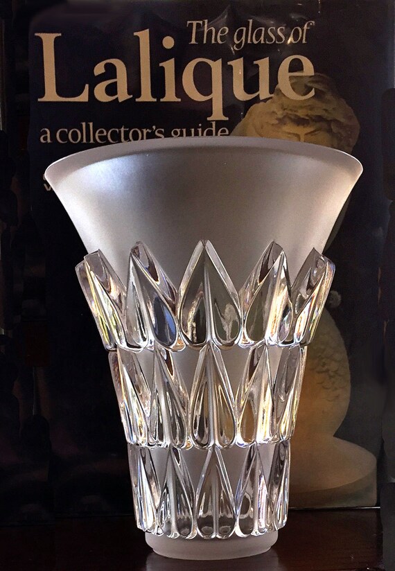 Lalique Feuilles Art Deco Vase Clear Frosted Crystal Trumpet Shaped Vase Mint - 