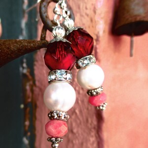 Red Czech Glass and White Pearl Earrings with Peachy Jade Gemstones