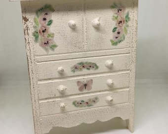 Dollhouse miniature gold chest of drawers with pink flower decoupage 1:12 scale