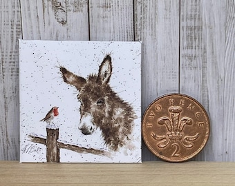 Handmade miniature 1:12th scale  Dolls house accessory canvas style picture Christmas Donkey and robin