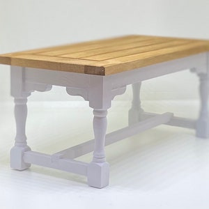 Handmade miniature dolls house furniture. Pale grey coloured wooden refectory table with oak effect finish top