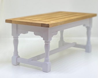 Handmade miniature dolls house furniture. Pale grey coloured wooden refectory table with oak effect finish top