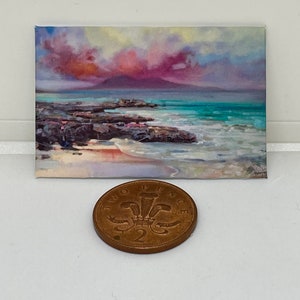 Handgemachte Miniatur Puppen Haus Zubehör Leinwand Stil Wand Kunst Bild von bunten Strand.
