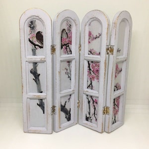 Miniature 1:12th scale dolls house Hand painted grey shabby chic style vanity screen with birds on blossom tree decals.