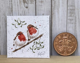 Handmade miniature 1:12th scale  Dolls house accessory canvas style picture Christmas robins