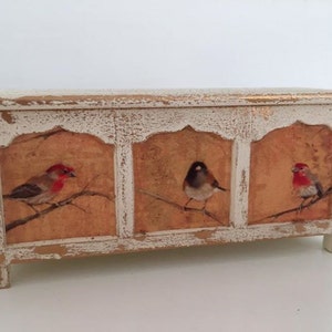 Handmade miniature dolls house furniture. Shabby chic style blanket box with birds.