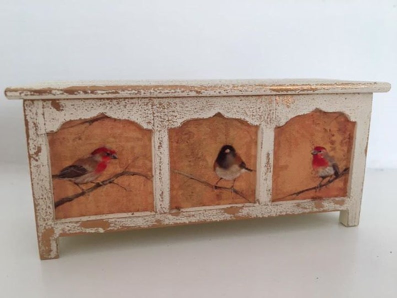 Handmade miniature dolls house furniture. Shabby chic style blanket box with birds. image 1