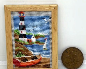 Handmade 1:12th Scale Dolls House Miniature Framed Cross Stitch Picture of a Harbour Scene perfect for a Beach Hut or Bathroom