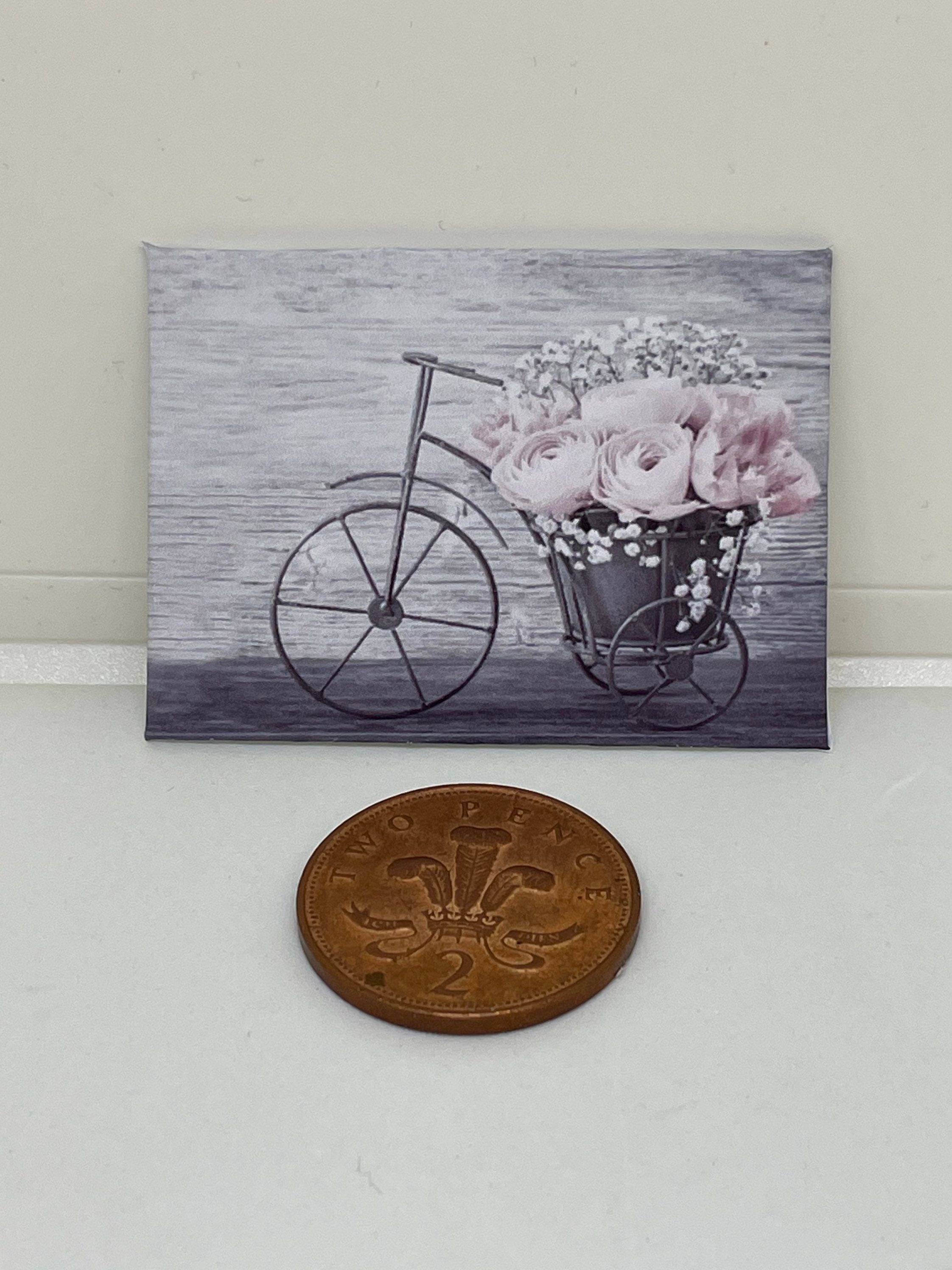 Handmade miniature dolls house accessory canvas style wall art picture of a vintage bicycle with pink roses in a basket.