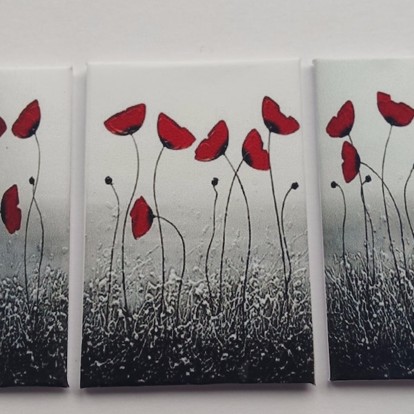 Handmade miniature dolls house accessory canvas style wall art picture poppy field triptych