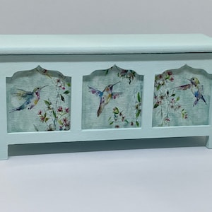Handmade miniature dolls house furniture blanket box. Mint green with hummingbird decals.