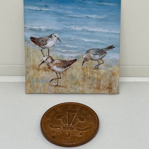 Handmade miniature dolls house accessory canvas style wall art of sandpipers on beach.
