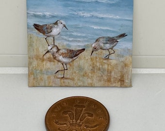 May include: A small painting on canvas depicting three brown and white birds on a sandy beach with blue water in the background.