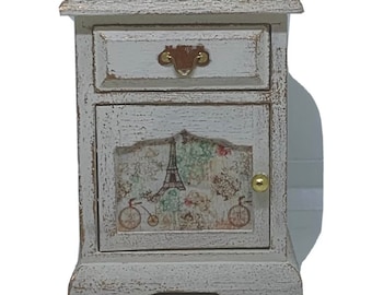 Handmade miniature dolls house furniture. Hand painted cream shabby chic style nightstand with Parisian themed decals.