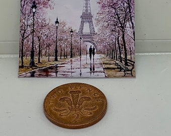Handmade miniature dolls house accessory canvas style wall art picture paris lovers walk