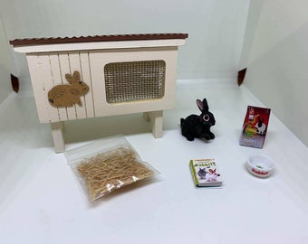 1:12th Scale Dolls House Miniature Hand Painted Rabbit Hutch and Accessories