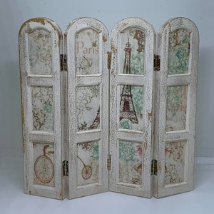 Miniature 1:12th scale dolls house Hand painted cream shabby chic style vanity screen with Parisian themed decals.