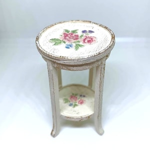 Handmade miniature dolls house furniture. Shabby chic style plant stand with rose decals