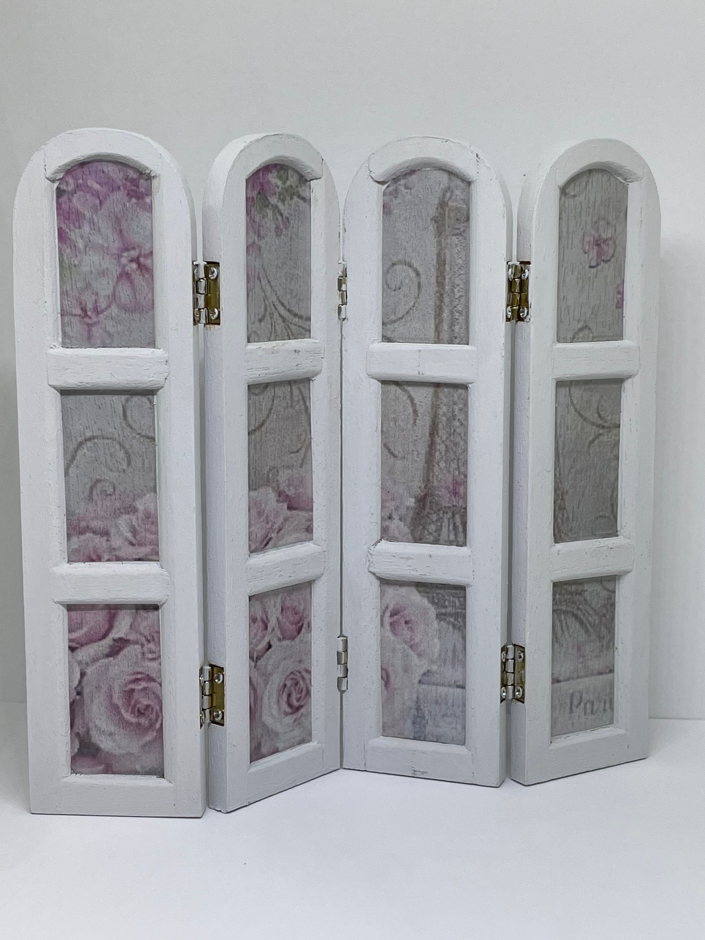 Hand painted pale grey shabby chic style vanity screen with Parisian themed decals.