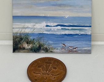 Handmade miniature dolls house accessory canvas style wall art of sand pipers on the beach.