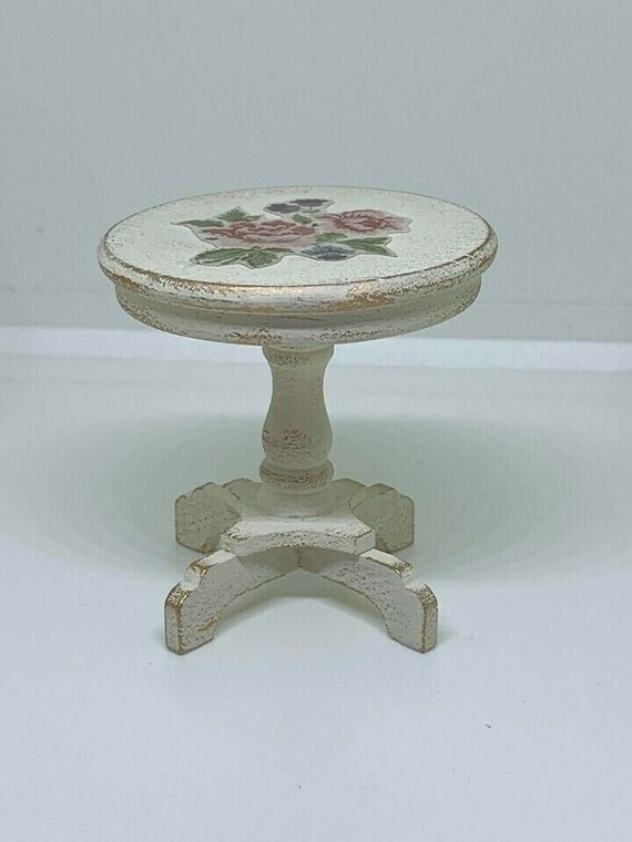 Handmade miniature dolls house furniture. Shabby chic style small table with rose decals