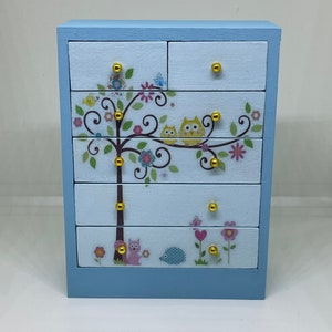 Handmade 1:12th scale miniature dolls house furniture. Modern chest of drawers with owls decals