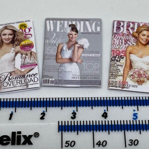 Handmade 1:12th scale dolls house miniature accessory set of 3 bridal/wedding magazines.
