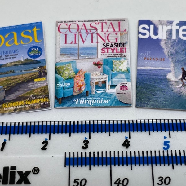 Handmade 1:12th scale dolls house miniature accessory set of 3 coastal lifestyle magazines