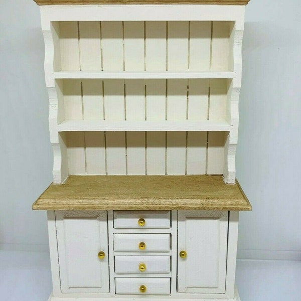 1:12th Scale miniature dolls house furniture. Welsh dresser cream with oak effect stained finish.
