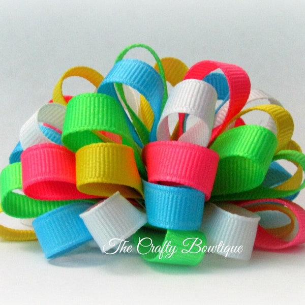 Neon Loopy Bow, Neon Pink Bow, Neon Green Bow, Loopy Pigtail Set, 3 inch Bow, No Slip Bow, Small Loopy Bow, Neon Bow Set, Summer Hair Bow