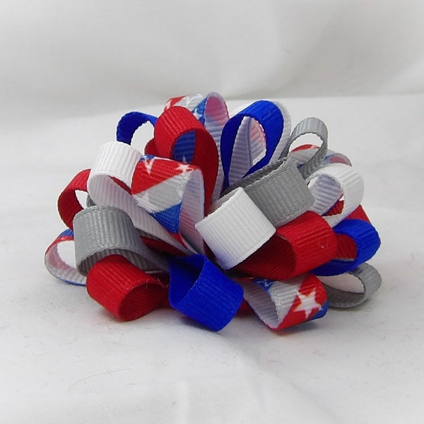 Patriotic Stars Loopy Bow, Red White & Blue, 4th of July Bow, Gray Stars, Loopy Pigtails, Small Loopy Bow, Loopy Puff Bow, Independence Day