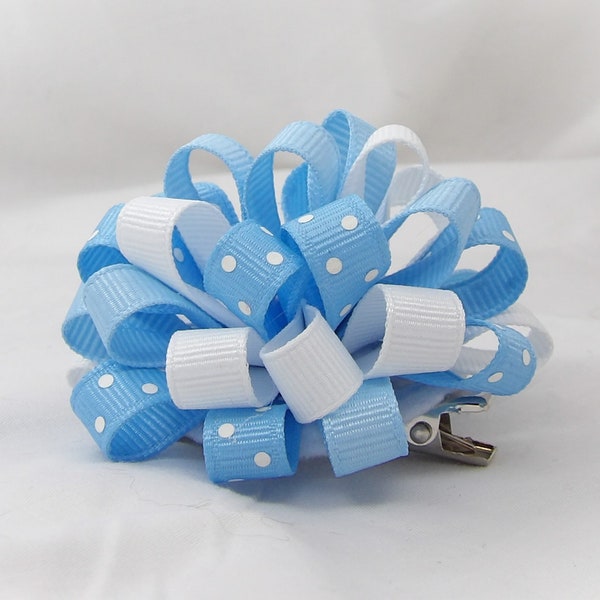 Blue Loopy Bow, Blue Polka Dot Bow, Loopy Pigtail Set, 3 inch Bow, Small Loopy Bow, Light Blue Bow, Easter Hair Bow, Loopy Puff Bow, Pastel