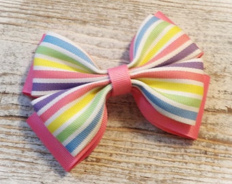 Hot Pink Boutique Bow, Layered Boutique Bow, Pastel Striped Bow, Pink Hair Bow, Large Boutique Bow, Stacked Boutique Bow, Pastel Pink Bow