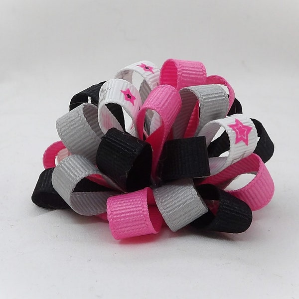 Rock Star Loopy Bow, Hot Pink Stars, Pink & Gray Bow, Pink and Black Bow, Loopy Puff Bow, Small Loopy Bow, 2 inch Bow, Rocker Girl Bow