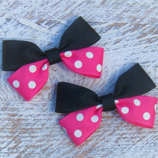 Minnie Mouse Inspired, Polka Dot, Hot Pink & Black, Small Clippie Bow, Pigtails, Bow for Babies, Bow for Toddlers, 3 inch, Non Slip Bow