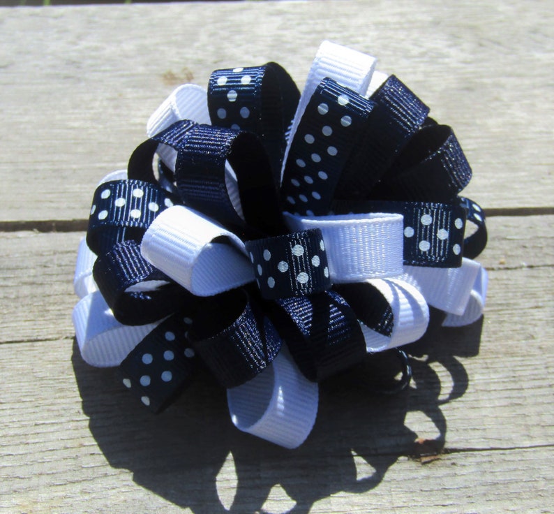 Small Loopy Bow Navy Blue Polka Dot Loopy Bow Loopy Hair Bow Bow for Headbands Pigtails 3 inch Bow Dark Blue School Uniform Bow