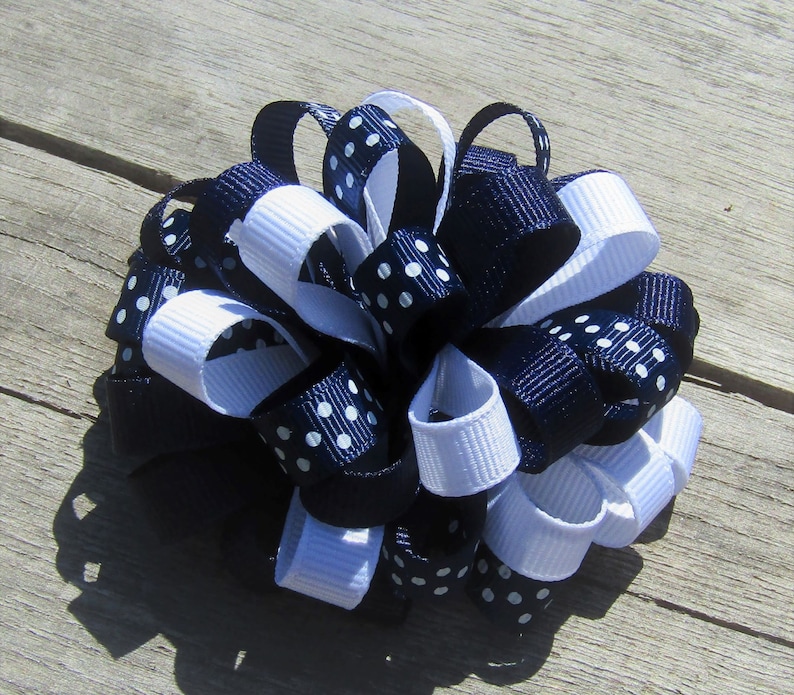 Small Loopy Bow Navy Blue Polka Dot Loopy Bow Loopy Hair Bow Bow for Headbands Pigtails 3 inch Bow Dark Blue School Uniform Bow